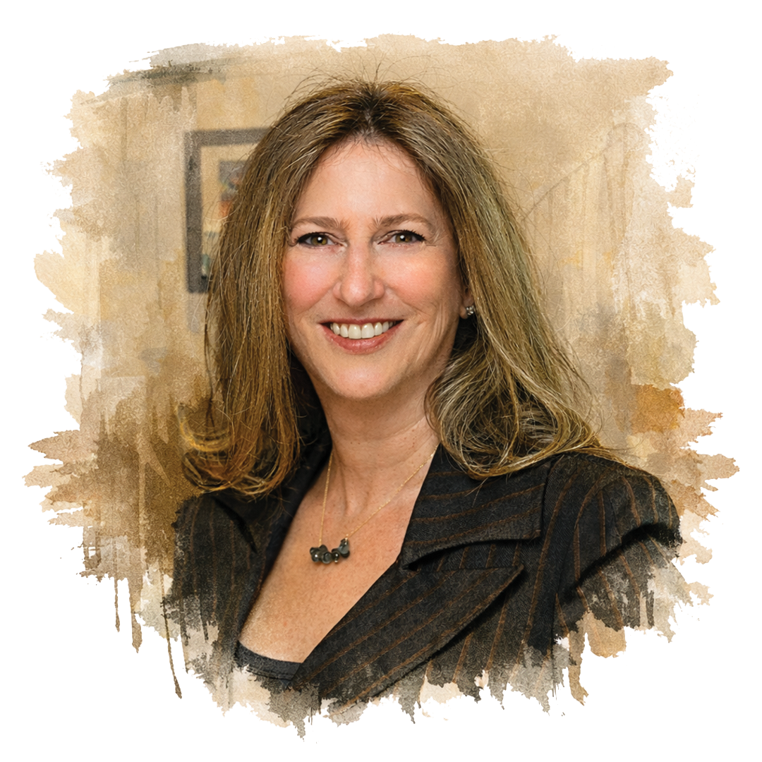 Deborah Kravitz in a black professional business suit, law office setting, art sketch image