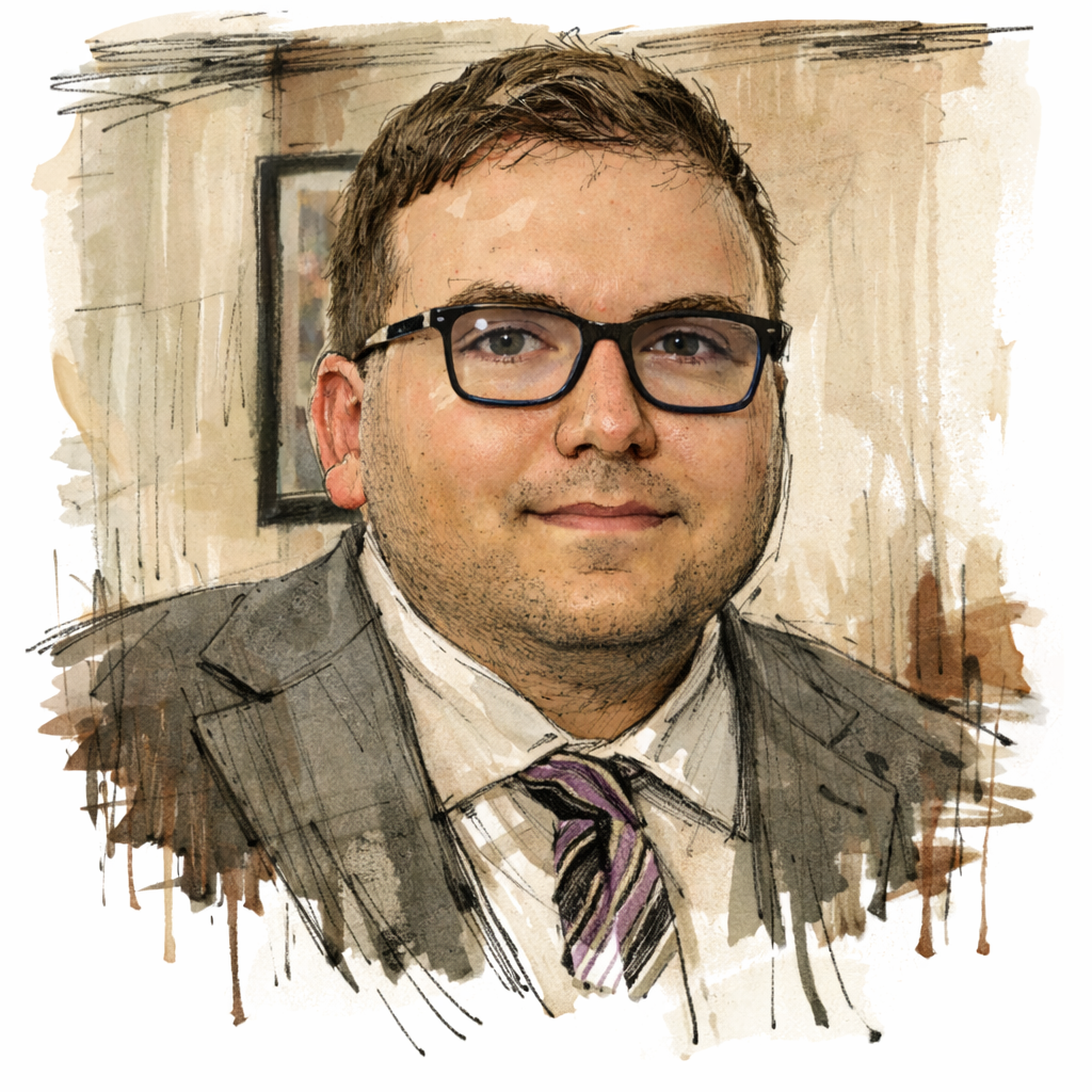 Edward Kamber, serious look, dressed in grey blazer, white shirt, multi colored tie, art sketch image