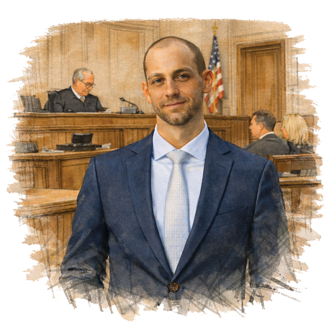 Michael Aschenbrener, dressed in a dark blue blazer with baby blue shirt and tie, in a courtroom setting, art sketch image