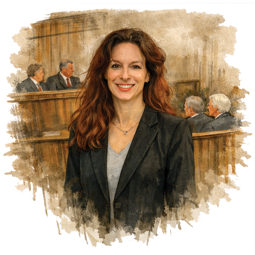 Naomi Spector, dressed in a black blazer with a light grey v-neck shirt, standing in a courtroom setting. Art Sketch image