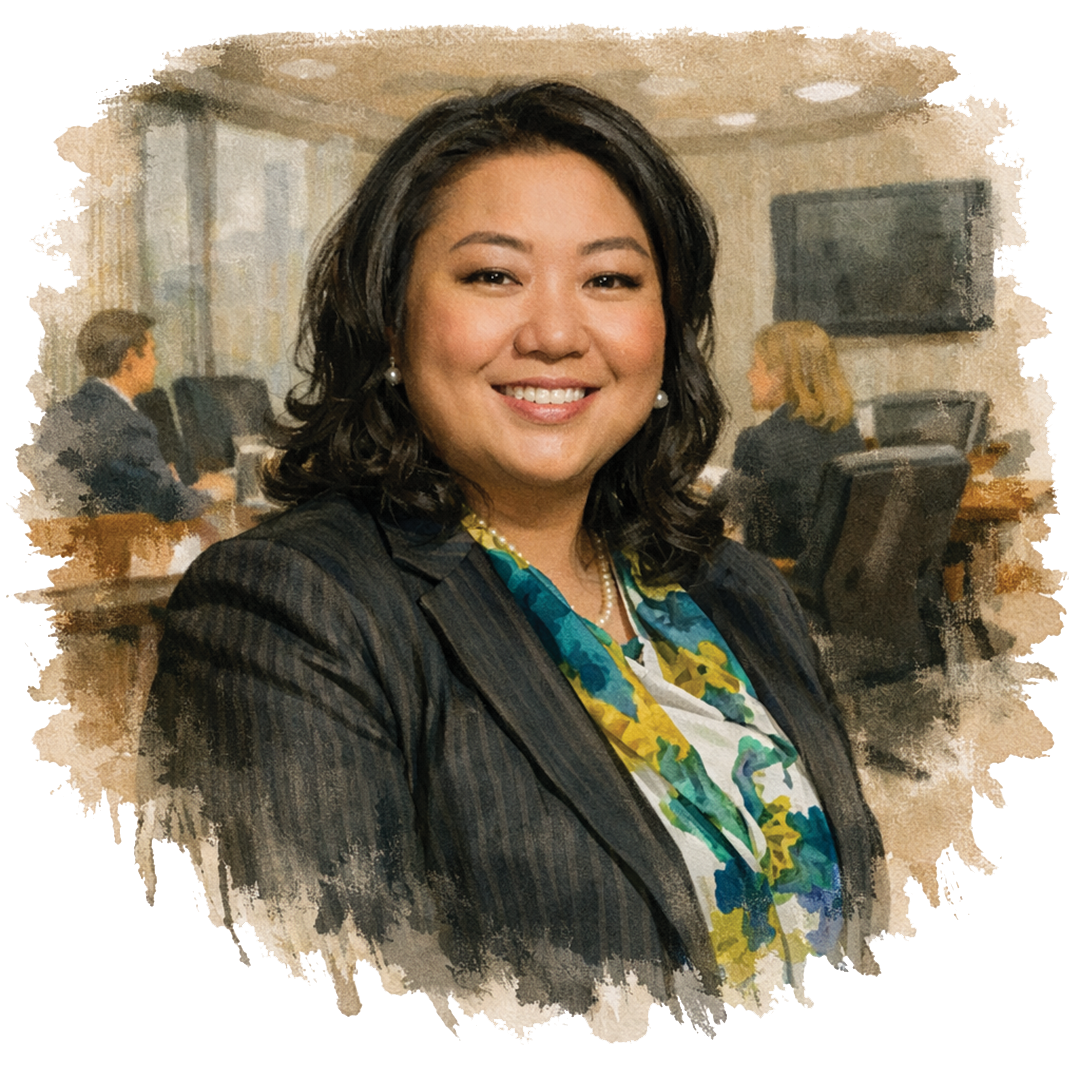 Nury Helena Yoo, dressed in a black blazer with mutli colored shirt, in a board room setting, art sketch image