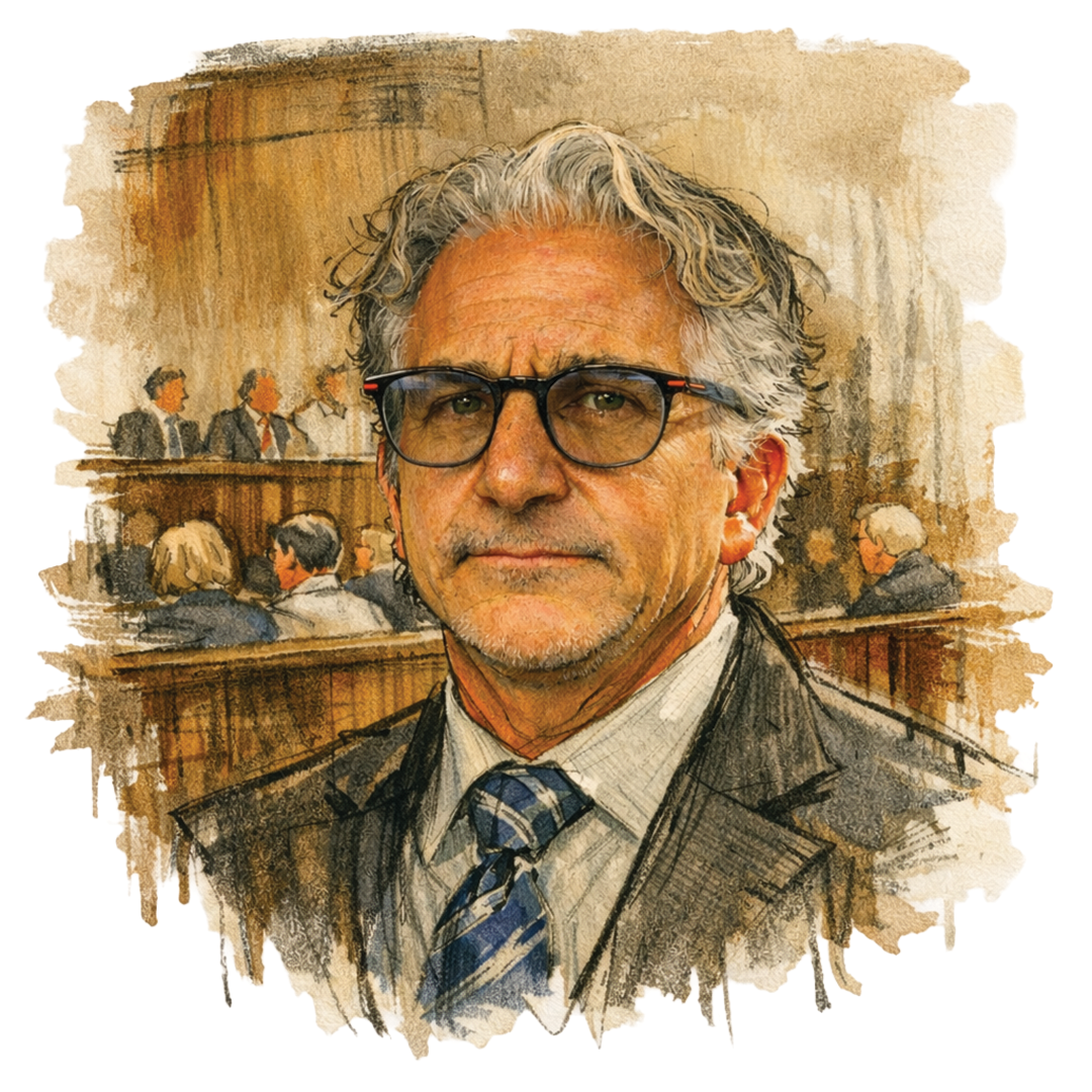 Scott Kamber, serious look, dressed in suit and tie, wearing glasses, courtroom art sketch image

