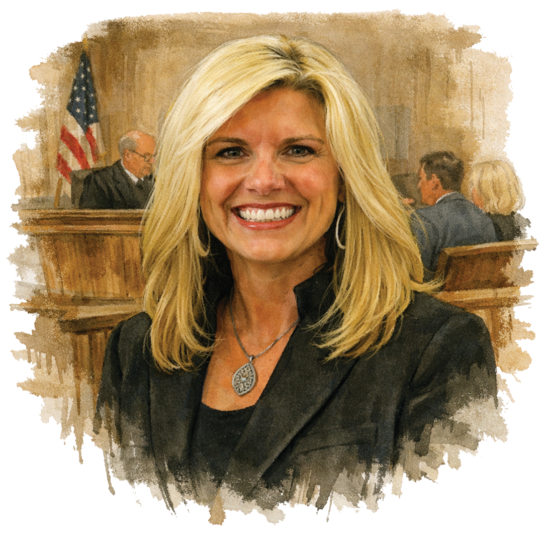 Tina Davis, dressed in a black blazer with black shirt, smiling, in a courtroom setting, flag in background, art sketch image